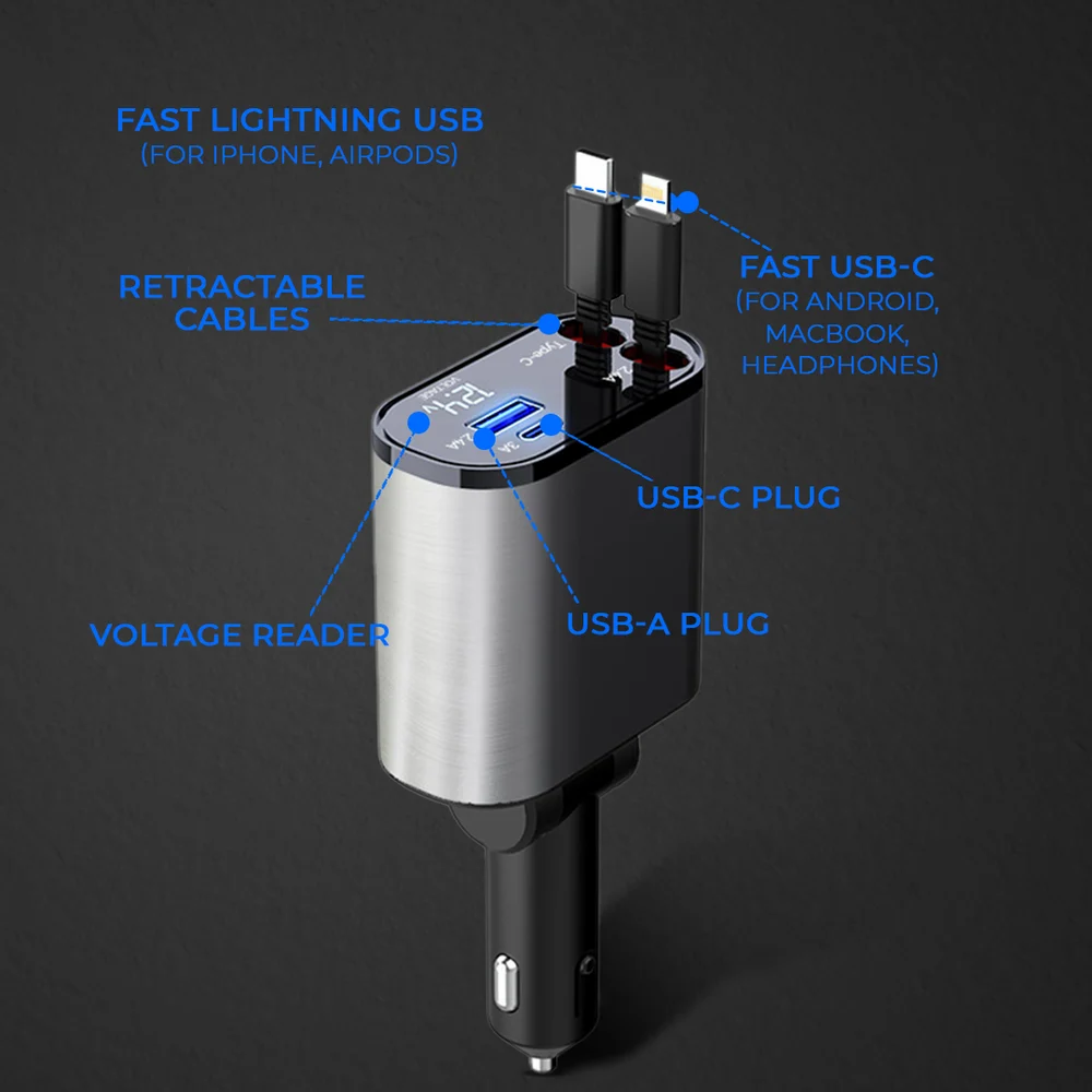 Retractable Car Charger 120W 4 in 1